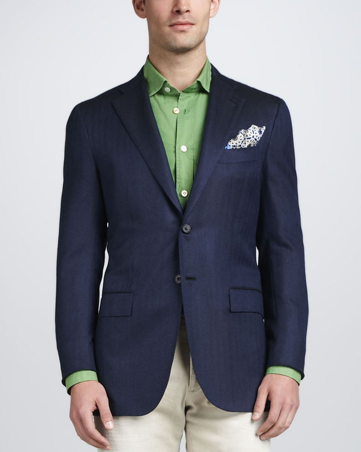 Kiton Herringbone Three Button Blazer Navy | Where to buy & how to wear