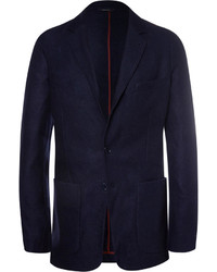 Loro Piana Navy Unstructured Suede Trimmed Silk And Cashmere Blend Blazer