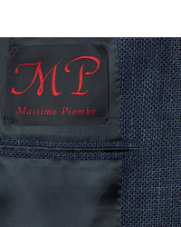 Piombo Mp Massimo Navy Slim Fit Hopsack Linen Silk And Cotton Blend Blazer