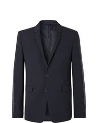 Fendi Navy Logo Jacquard Trimmed Stretch Virgin Wool Suit Jacket
