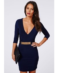 Missguided Gemma Slinky Deep V Ruched Side Bodycon Dress Navy