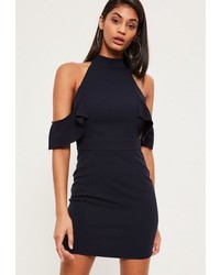 Missguided Navy High Neck Frill Detail Bodycon Dress