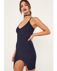 Missguided Navy Ribbed Front Split Bodycon Dress