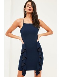 Missguided Navy Crepe 90s Neck Frill Bodycon Dress