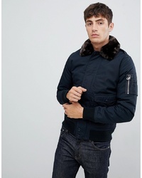 Schott Air Bomber Jacket With Detachable Faux Fur Collar In Slim Fit In Navybrown