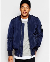 Asos Brand Bomber Jacket With Ma1 Pocket In Navy