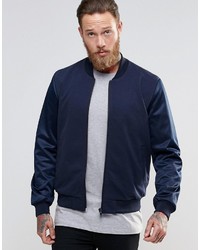 Asos Brand Bomber Jacket With Mesh Sleeve In Navy