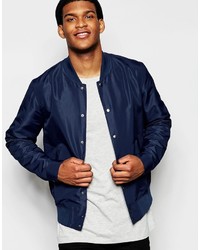 Asos Brand Bomber Jacket With Poppers In Navy