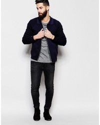 Asos Brand Knitted Bomber Jacket With Collar In Navy