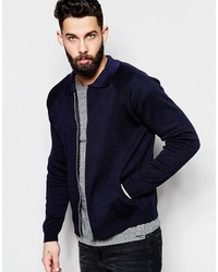 Asos Brand Knitted Bomber Jacket With Collar In Navy
