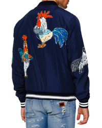 Dolce & Gabbana Sequined Satin Rooster Bomber Jacket Navy