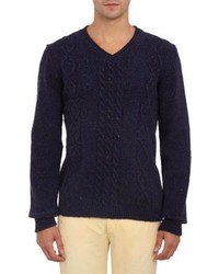 Basco Flecked Cable Knit V Neck Sweater Blue