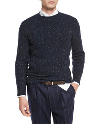 Brunello Cucinelli Cable Knit Donegal Sweater Navy