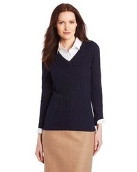 Caribbean Joe Cotton Cable Knit V Neck Pullover Sweater