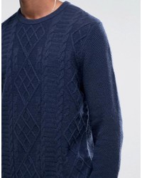 Asos Lambswool Rich Cable Sweater In Navy Marl