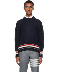 Thom Browne Navy Donegal Filey Cable Rwb Stripe Sweater