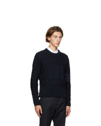 Thom Browne Navy Wool Aran Cable 4 Bar Sweater
