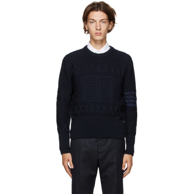 Thom Browne Navy Wool Aran Cable 4 Bar Sweater, $790 | SSENSE | Lookastic