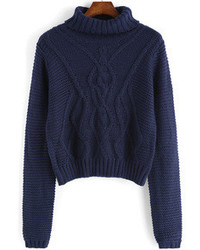 Turtleneck Cable Knit Blue Sweater