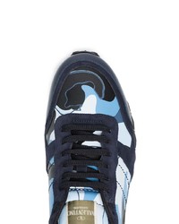 Valentino Blue Rockstud Camouflage Print Leather Sneakers