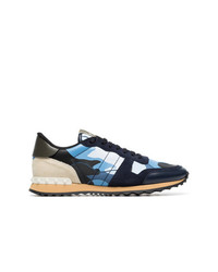 Valentino Blue Rockstud Camouflage Print Leather Sneakers