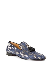 Navy Camouflage Leather Tassel Loafers