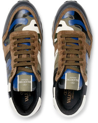 Valentino Rockrunner Camouflage Print Canvas Leather And Suede Sneakers