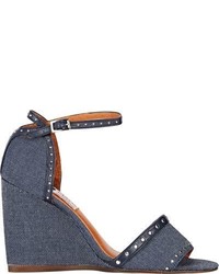 Lanvin Studded Ankle Strap Wedge Sandals Navy Size 7