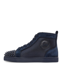 Christian Louboutin Navy Canvas Lou Spikes Orlato High Top Sneakers