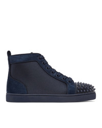 Christian Louboutin Navy Canvas Lou Spikes Orlato High Top Sneakers