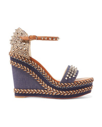 Christian Louboutin Madmonica 110 Spiked Denim And Leather Espadrille Wedge Sandals