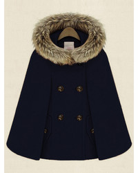 Navy Hooded Double Breasted Pockets Cape Coat
