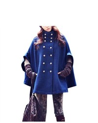 Unique-Bargains Double Breasted Royal Blue Pocket Cape Coat For Ladym