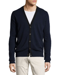 Neiman Marcus Cashmere V Neck Button Front Cardigan W Contrast Navy
