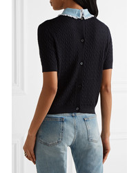 Miu Miu Broderie Anglaise Trimmed Cashmere And Silk Blend Sweater Navy