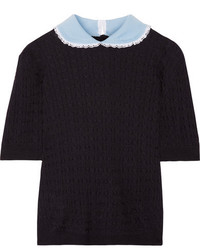 Miu Miu Broderie Anglaise Trimmed Cashmere And Silk Blend Sweater Navy