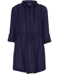 Topshop Soft Cotton Blend Shirt Dress Cut With A Tie Front Waist Shoulder Epaulettes And A Concealed Button Placket Features Embroidered Trims In A Stripe Design Pair It With Chunky Sandals
