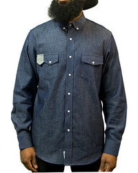 Faze Apparel Protect The Cord Button Up In Dark Blue Chambray And Grey Corduroy