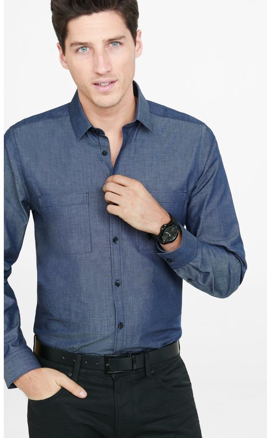 Fitted Chambray Shirt, $69 | Express | Lookastic