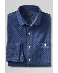 Lands' End Landsend Traditional Fit Print Chambray Shirt Deep Blue Indigoxl