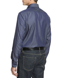 Ermenegildo Zegna Solid Chambray Long Sleeve Sport Shirt Blue