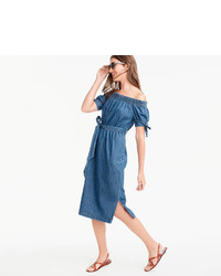 J.Crew Tall Off The Shoulder Chambray Dress With Tie Waist