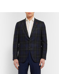 Isaia Navy Checked Silk Linen And Wool Blend Blazer