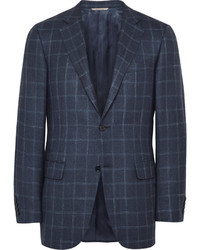 Canali Navy Checked Wool Silk And Linen Blend Blazer