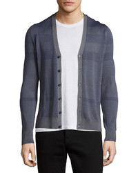 Burberry London Check Button Down Silk Cardigan Pewter Blue