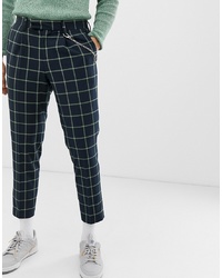 ASOS DESIGN Slim Crop Smart Trousers In Navy With Bright Green Check And Chain Detail