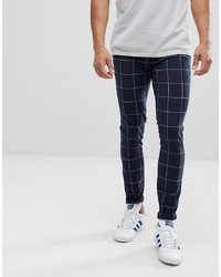 ASOS DESIGN Super Skinny Smart Trousers In Navy Check With Turn Up