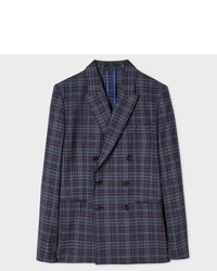 Paul Smith Tailored Fit Navy And Damson Check Wool Silk Double Breasted Blazer