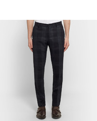 Etro Blue Slim Fit Checked Stretch Wool Blend Trousers
