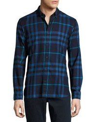 Burberry Check Cotton Flannel Shirt Bright Navy